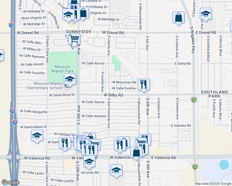 map of restaurants, bars, coffee shops, grocery stores, and more near 257 West Calle Evelina in Tucson