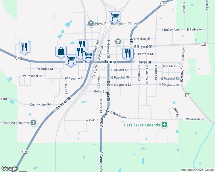 map of restaurants, bars, coffee shops, grocery stores, and more near 301 South Georgia Street in Troup