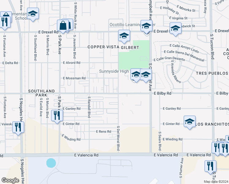 map of restaurants, bars, coffee shops, grocery stores, and more near 1515 East Bilby Road in Tucson