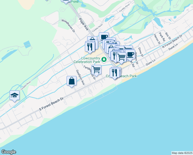 map of restaurants, bars, coffee shops, grocery stores, and more near 2 Tanglewood Drive in Hilton Head Island