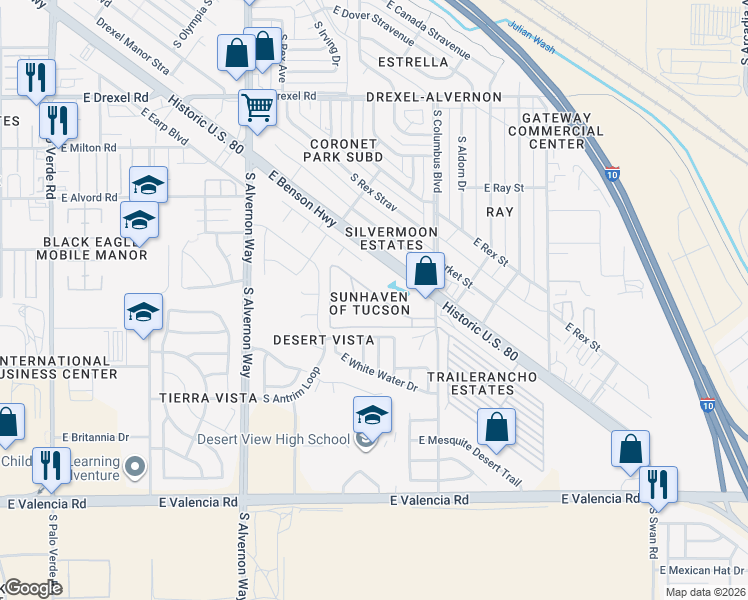 map of restaurants, bars, coffee shops, grocery stores, and more near 4180 East Benson Highway in Tucson