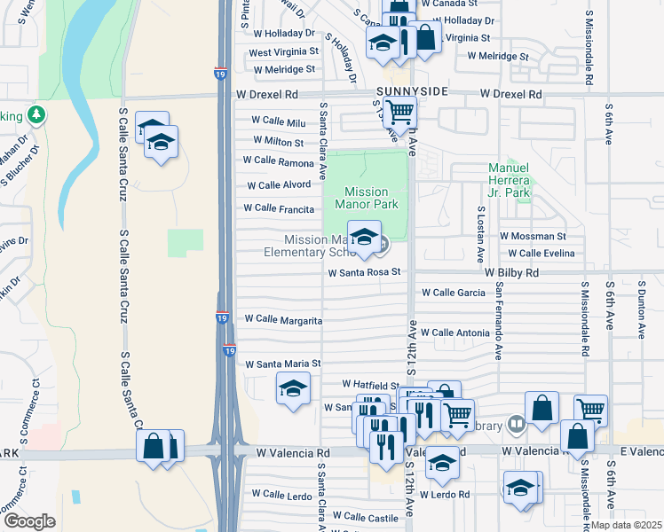 map of restaurants, bars, coffee shops, grocery stores, and more near 6015 South Santa Clara Avenue in Tucson