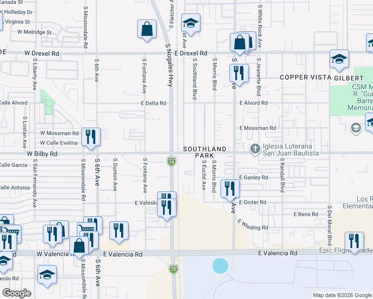 map of restaurants, bars, coffee shops, grocery stores, and more near 711 East Bilby Road in Tucson