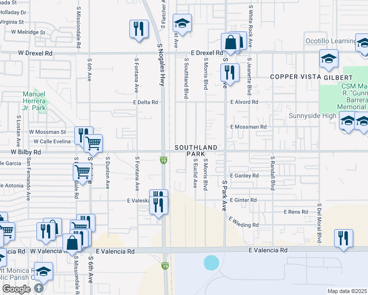 map of restaurants, bars, coffee shops, grocery stores, and more near 6033 South Southland Boulevard in Tucson