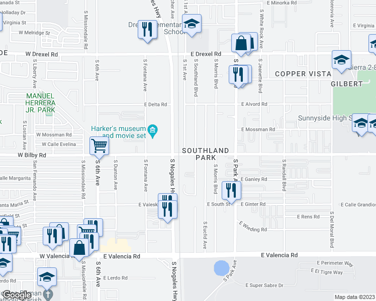 map of restaurants, bars, coffee shops, grocery stores, and more near 6031 South 1st Avenue in Tucson
