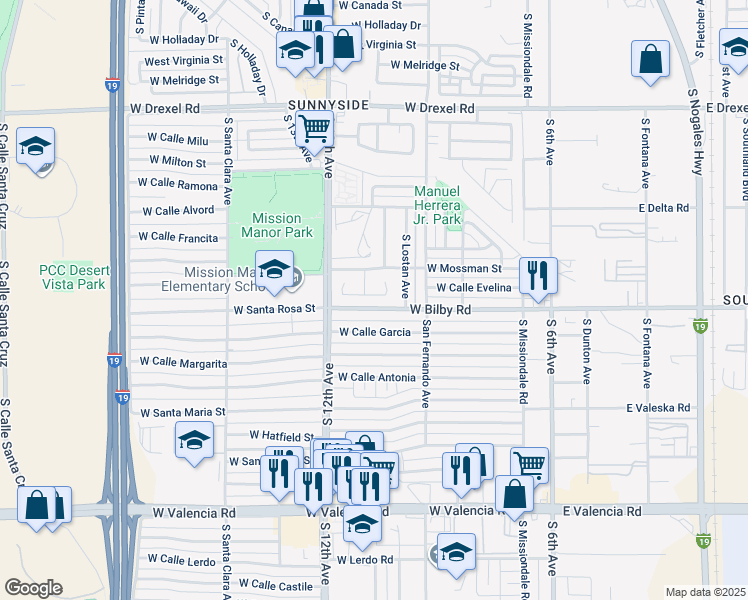 map of restaurants, bars, coffee shops, grocery stores, and more near 6067 Avenida Bodega in Tucson
