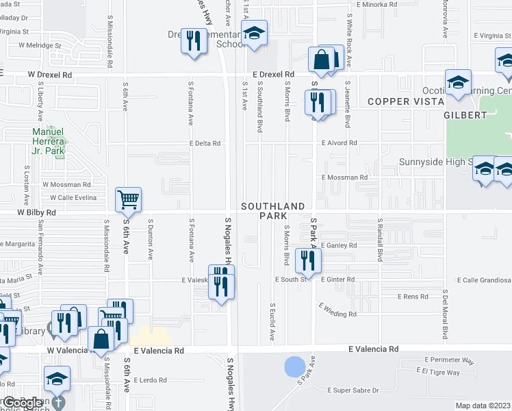 map of restaurants, bars, coffee shops, grocery stores, and more near 749 East Bilby Road in Tucson