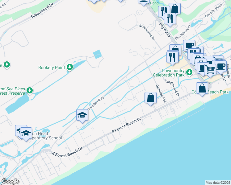 map of restaurants, bars, coffee shops, grocery stores, and more near 137 Cordillo Parkway in Hilton Head Island