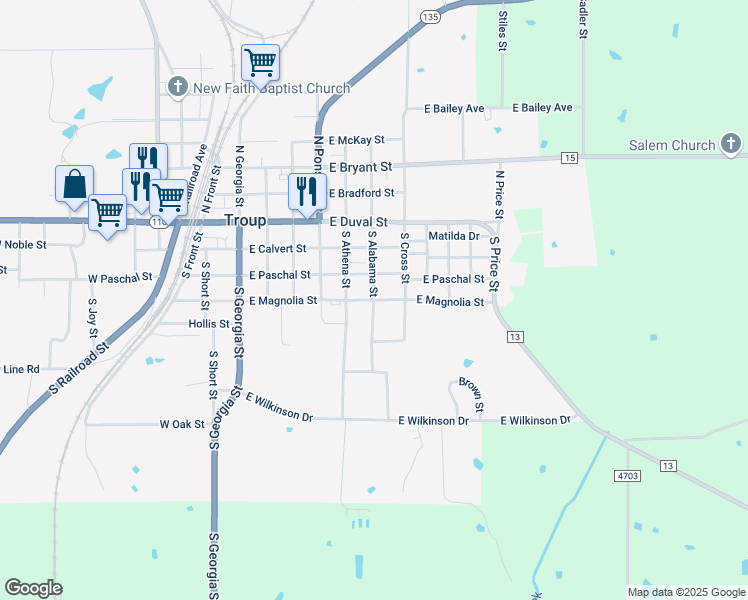 map of restaurants, bars, coffee shops, grocery stores, and more near 500 South Alabama Street in Troup