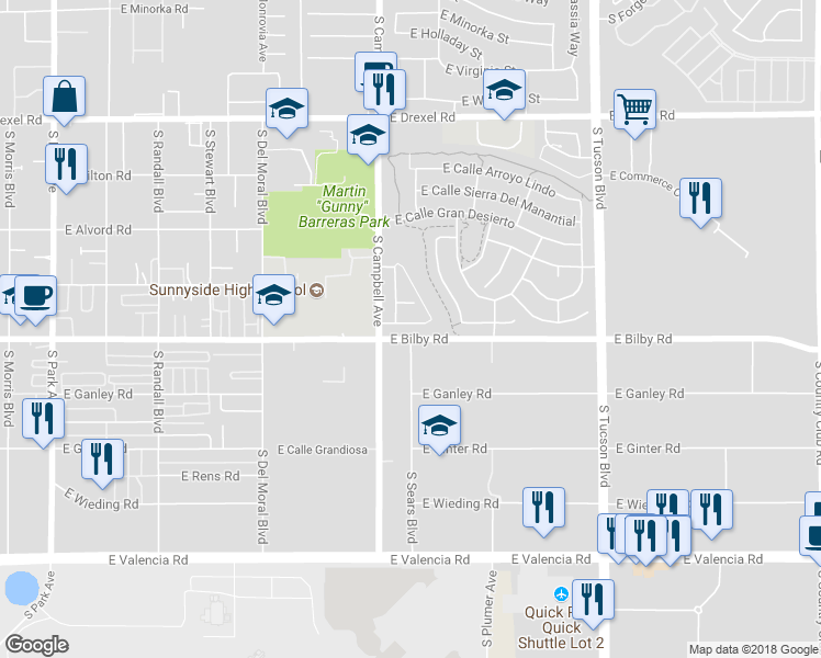 map of restaurants, bars, coffee shops, grocery stores, and more near 1986 East Calle Corza in Tucson