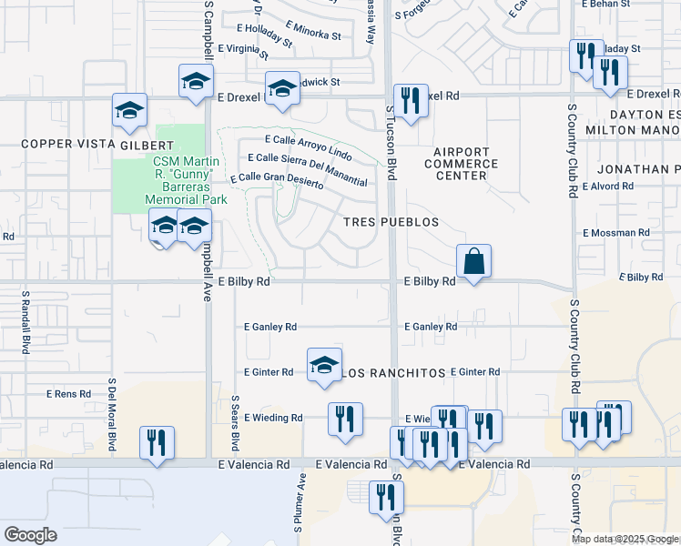 map of restaurants, bars, coffee shops, grocery stores, and more near 2342 East Calle Pelicano in Tucson