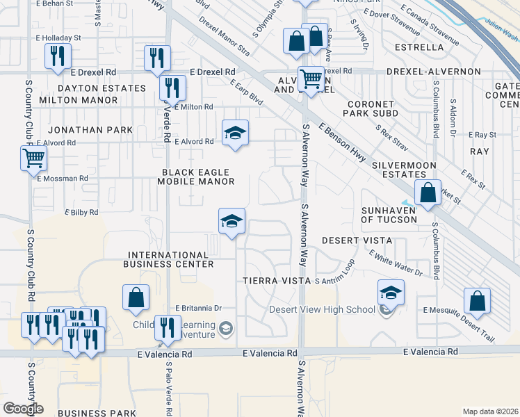 map of restaurants, bars, coffee shops, grocery stores, and more near 3762 East White River Drive in Tucson