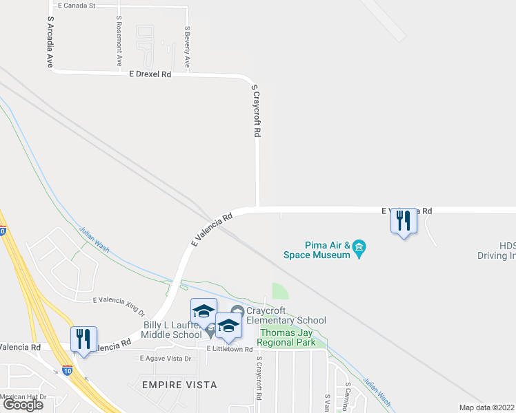 map of restaurants, bars, coffee shops, grocery stores, and more near 6465 South Craycroft Road in Tucson