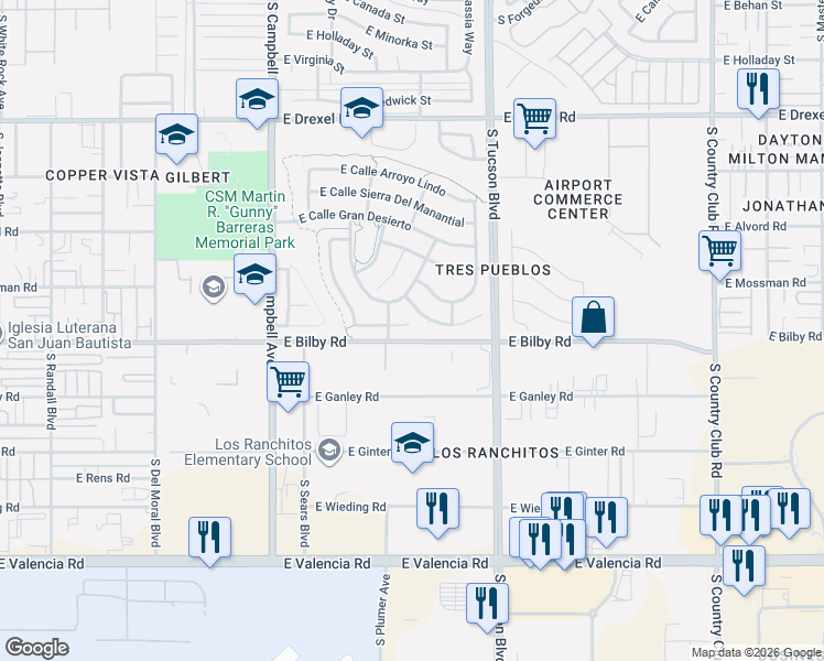 map of restaurants, bars, coffee shops, grocery stores, and more near 2253 East Calle Los Marmoles in Tucson