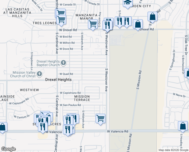 map of restaurants, bars, coffee shops, grocery stores, and more near 2611 West Quail Road in Tucson