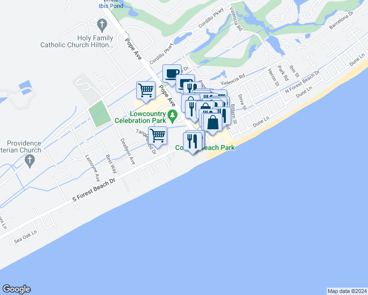 map of restaurants, bars, coffee shops, grocery stores, and more near 3 South Forest Beach Drive in Hilton Head Island