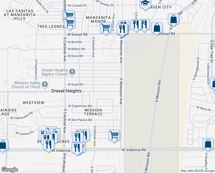 map of restaurants, bars, coffee shops, grocery stores, and more near 2611 West Quail Road in Tucson