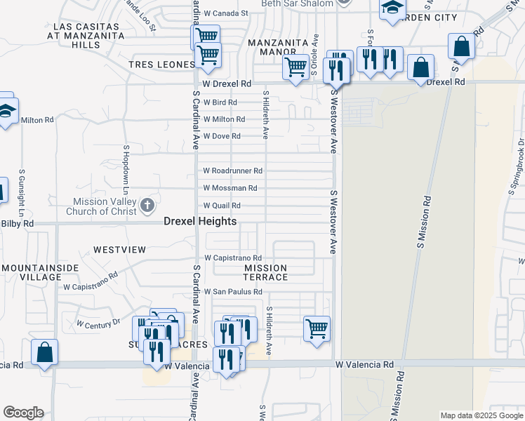 map of restaurants, bars, coffee shops, grocery stores, and more near 2672 West Quail Road in Tucson
