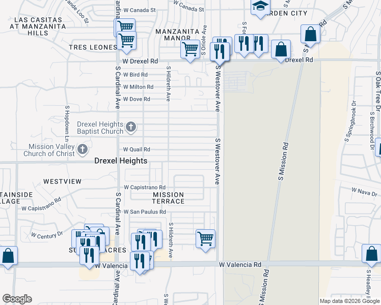 map of restaurants, bars, coffee shops, grocery stores, and more near 2611 West Quail Road in Tucson