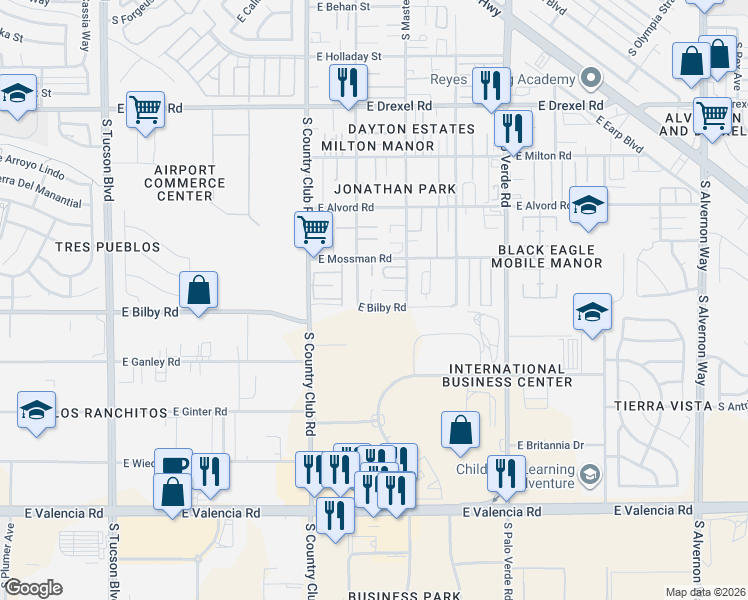 map of restaurants, bars, coffee shops, grocery stores, and more near 3215 E Bilby Rd in Tucson