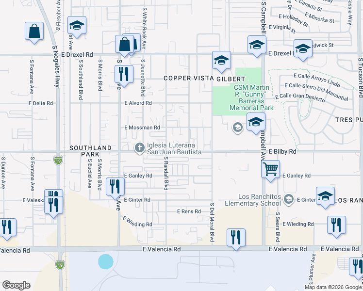 map of restaurants, bars, coffee shops, grocery stores, and more near 6050 South Stewart Boulevard in Tucson