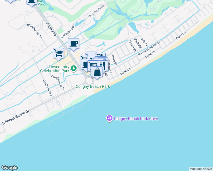 map of restaurants, bars, coffee shops, grocery stores, and more near 10 North Forest Beach Drive in Hilton Head Island