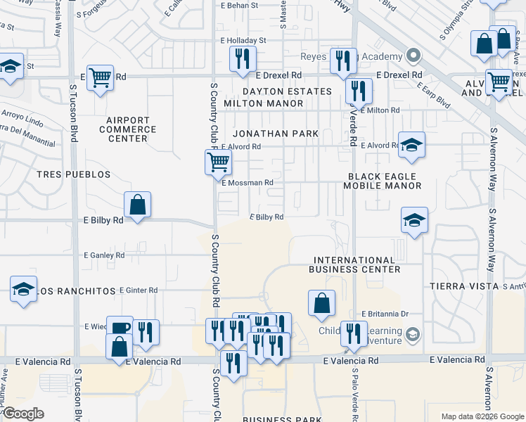 map of restaurants, bars, coffee shops, grocery stores, and more near 3217 East Bilby Road in Tucson