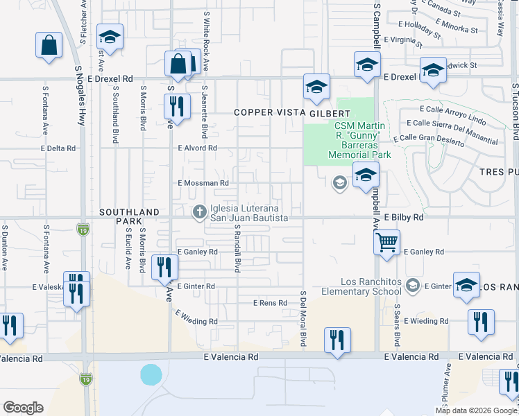 map of restaurants, bars, coffee shops, grocery stores, and more near 6050 South Stewart Boulevard in Tucson