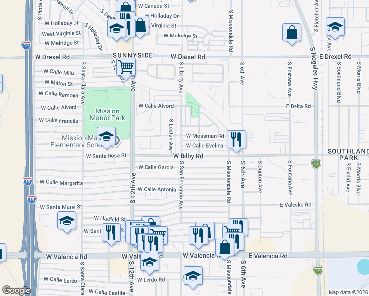 map of restaurants, bars, coffee shops, grocery stores, and more near 257 West Calle Evelina in Tucson