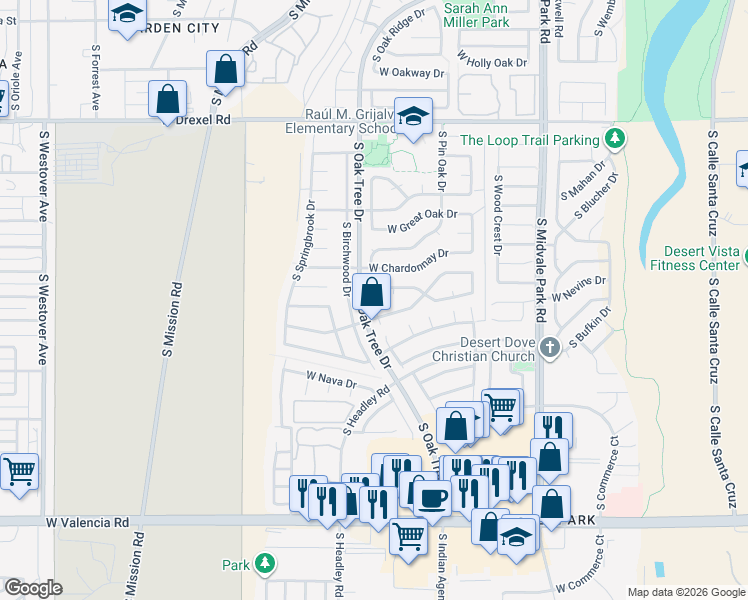 map of restaurants, bars, coffee shops, grocery stores, and more near 1865 West Ransom Oaks Drive in Tucson