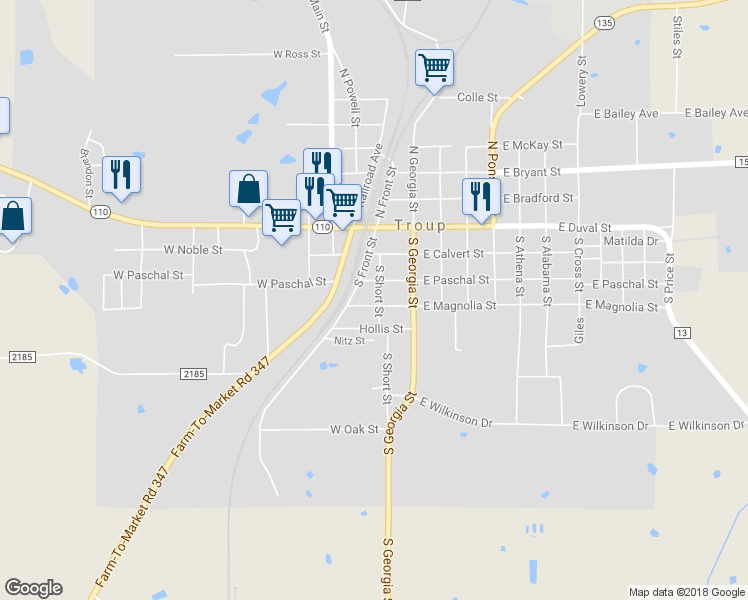 map of restaurants, bars, coffee shops, grocery stores, and more near 305 South Short Street in Troup