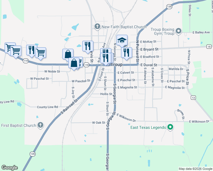 map of restaurants, bars, coffee shops, grocery stores, and more near 305 South Short Street in Troup