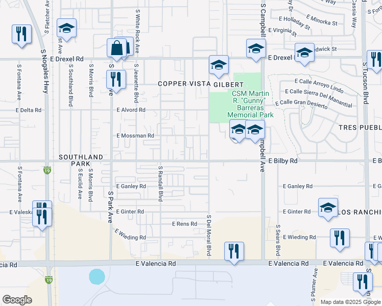 map of restaurants, bars, coffee shops, grocery stores, and more near 1515 East Bilby Road in Tucson