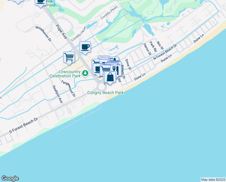 map of restaurants, bars, coffee shops, grocery stores, and more near 10 North Forest Beach Drive in Hilton Head Island