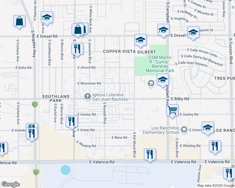 map of restaurants, bars, coffee shops, grocery stores, and more near 6050 South Stewart Boulevard in Tucson