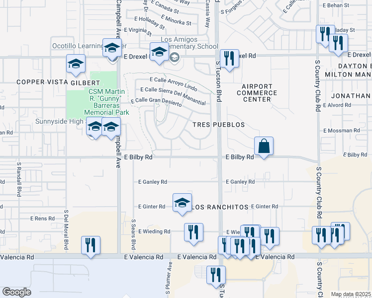map of restaurants, bars, coffee shops, grocery stores, and more near 2318 East Calle Pelicano in Tucson