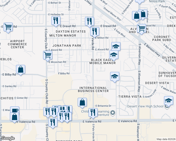map of restaurants, bars, coffee shops, grocery stores, and more near 6072 South Holly Drive in Tucson