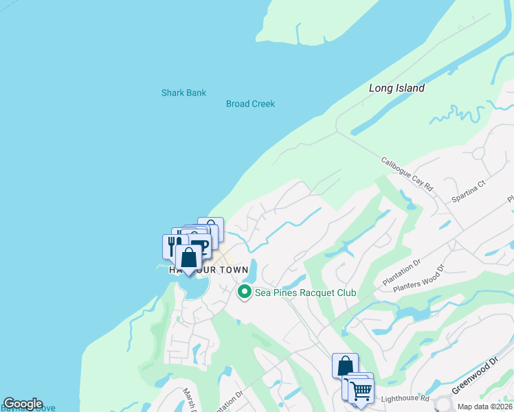 map of restaurants, bars, coffee shops, grocery stores, and more near 2035 Deer Island Road in Hilton Head Island