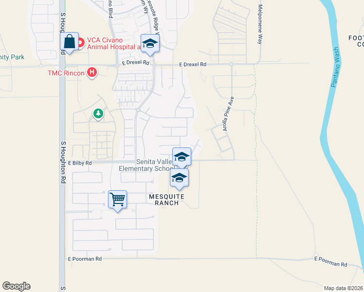 map of restaurants, bars, coffee shops, grocery stores, and more near 6038 South Hawks Hollow Court in Tucson