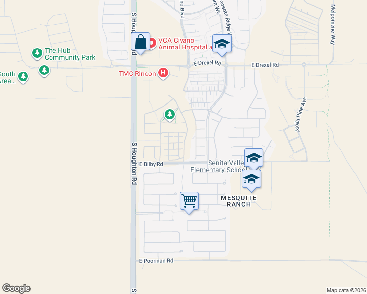 map of restaurants, bars, coffee shops, grocery stores, and more near 6042 South Cedar Elm Lane in Tucson