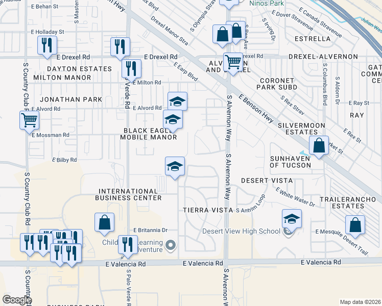map of restaurants, bars, coffee shops, grocery stores, and more near 6088 South Nantac Rim Drive in Tucson