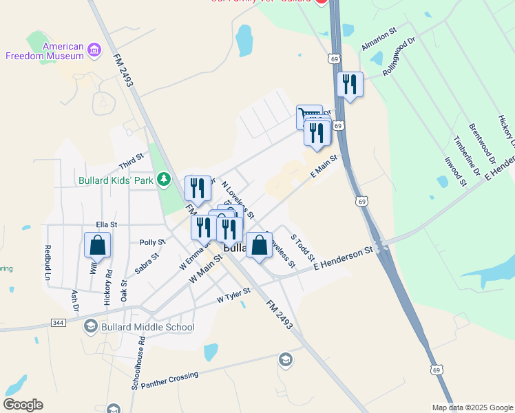 map of restaurants, bars, coffee shops, grocery stores, and more near 314 East Emma Street in Bullard