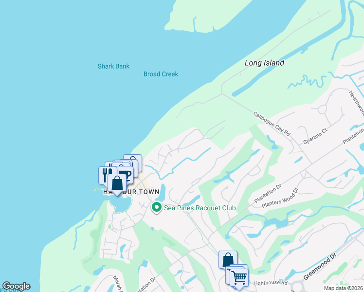 map of restaurants, bars, coffee shops, grocery stores, and more near 2059 Deer Island Road in Hilton Head Island