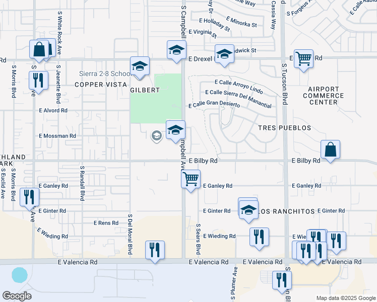 map of restaurants, bars, coffee shops, grocery stores, and more near 6066 South Avenida Talca in Tucson