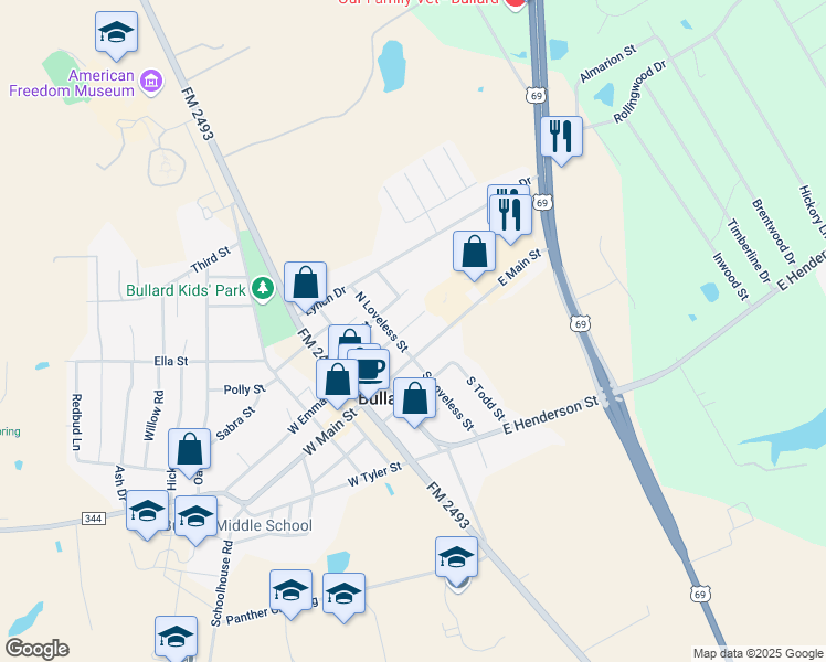 map of restaurants, bars, coffee shops, grocery stores, and more near 314 East Emma Street in Bullard