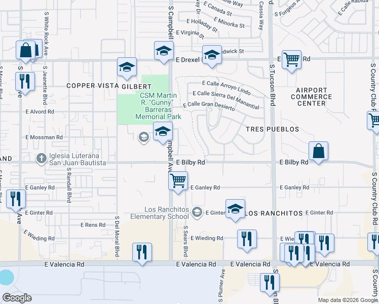 map of restaurants, bars, coffee shops, grocery stores, and more near 2007 East Calle Corza in Tucson