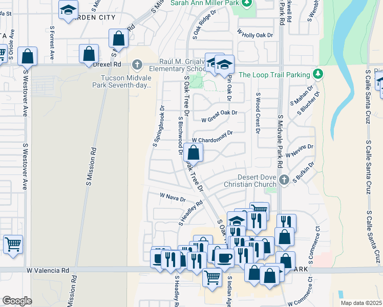 map of restaurants, bars, coffee shops, grocery stores, and more near 1873 West Ransom Oaks Drive in Tucson