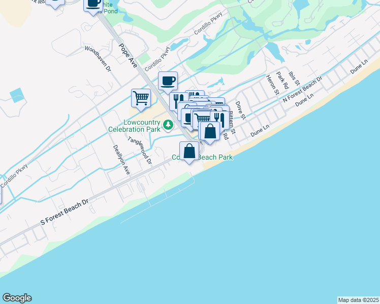 map of restaurants, bars, coffee shops, grocery stores, and more near 3 South Forest Beach Drive in Hilton Head Island