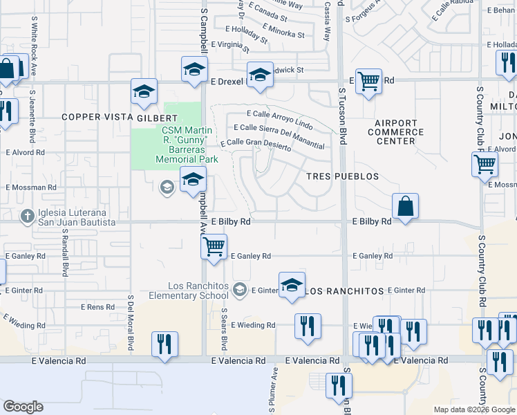 map of restaurants, bars, coffee shops, grocery stores, and more near 2127 East Calle Los Marmoles in Tucson