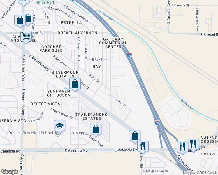 map of restaurants, bars, coffee shops, grocery stores, and more near 6080 South Belvedere Avenue in Tucson